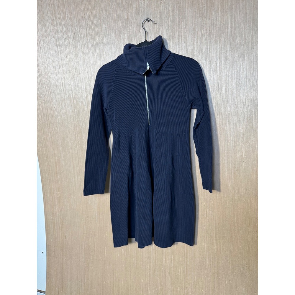COS Navy Blue Ribbed Knit Half Zip Funnel Neck Cotton Mini Sweater Dress M